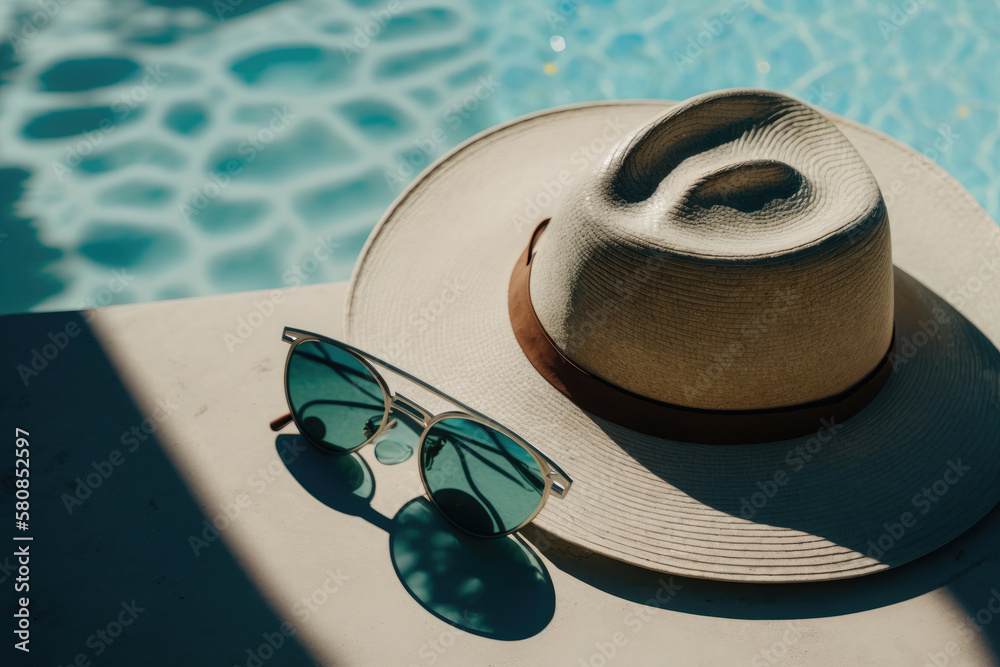 Sunglasses and straw hat on marble swimming pool side. Illustration AI Generative