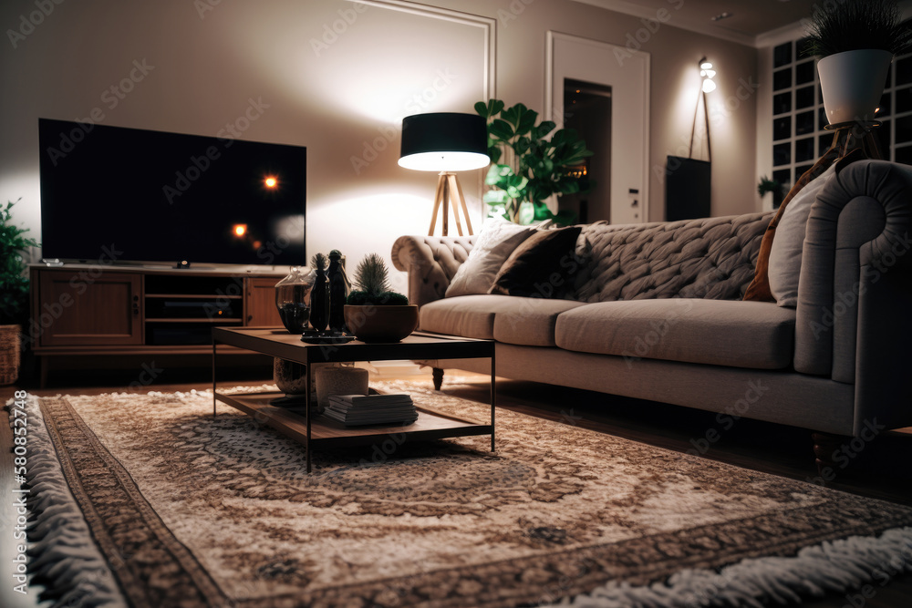 Living room interior with stylish furniture focus on sofa. Illustration AI Generative