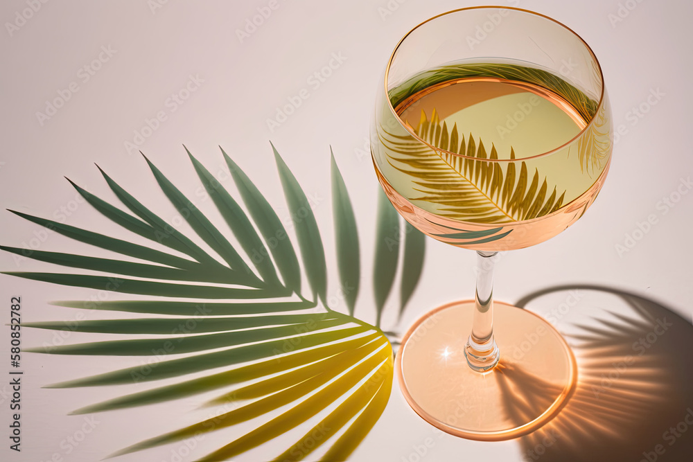 White wine glass peach color glass on beige background. Illustration AI Generative