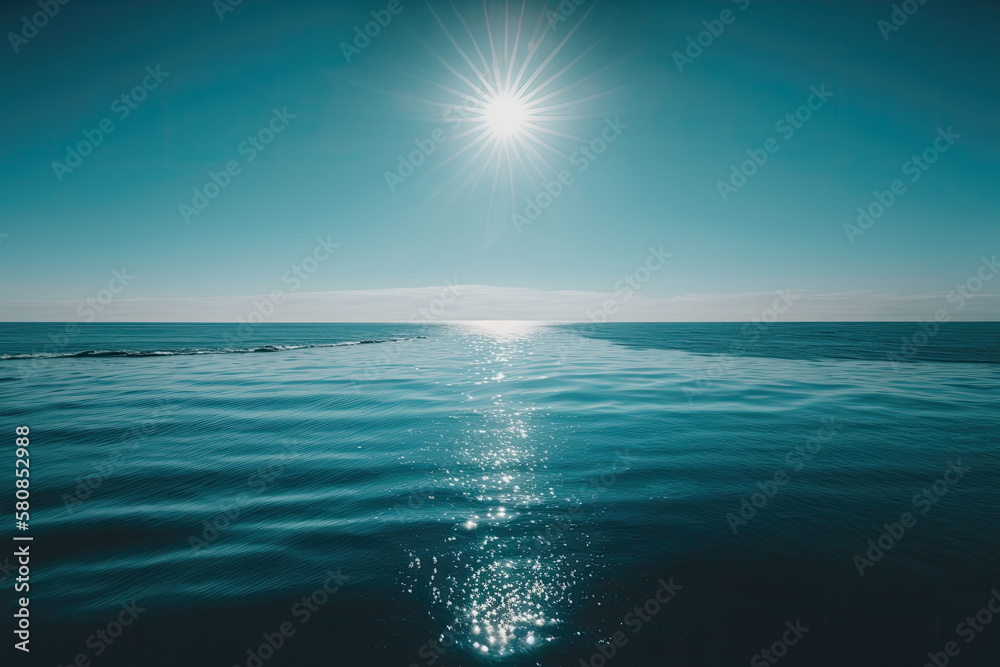 Sunny Sky Over Calm Water Of Sea Or Ocean. Natural Lands. Illustration AI Generative