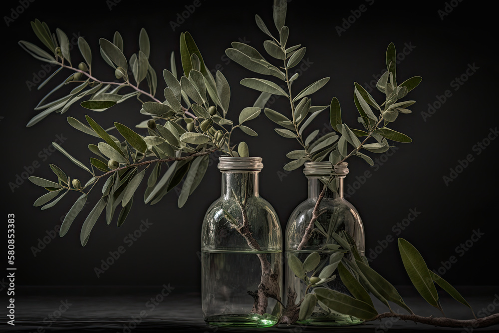 Two olive branches in glass bottles. Illustration AI Generative