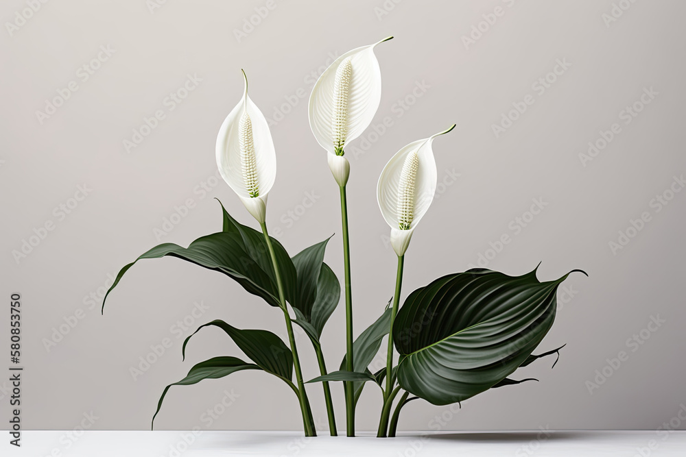 Floral composition of spathiphyllum peace lilies flower. Illustration AI Generative