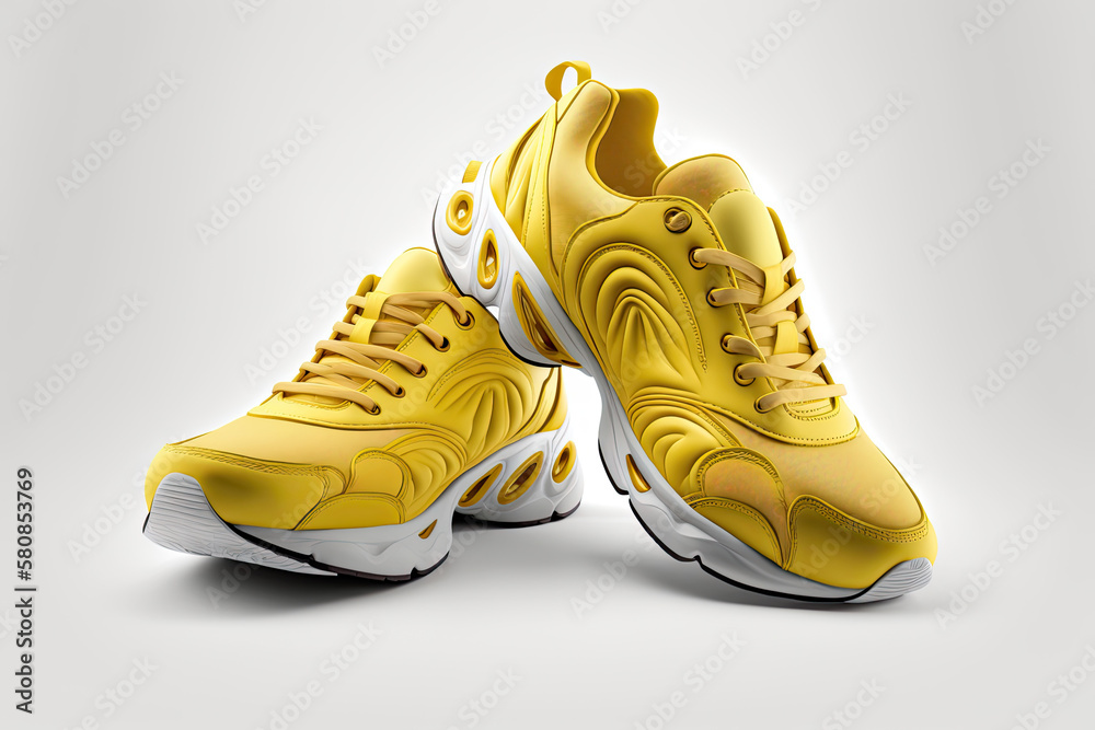 Flying yellow leather womens sneaker isolated on white background. Illustration AI Generative