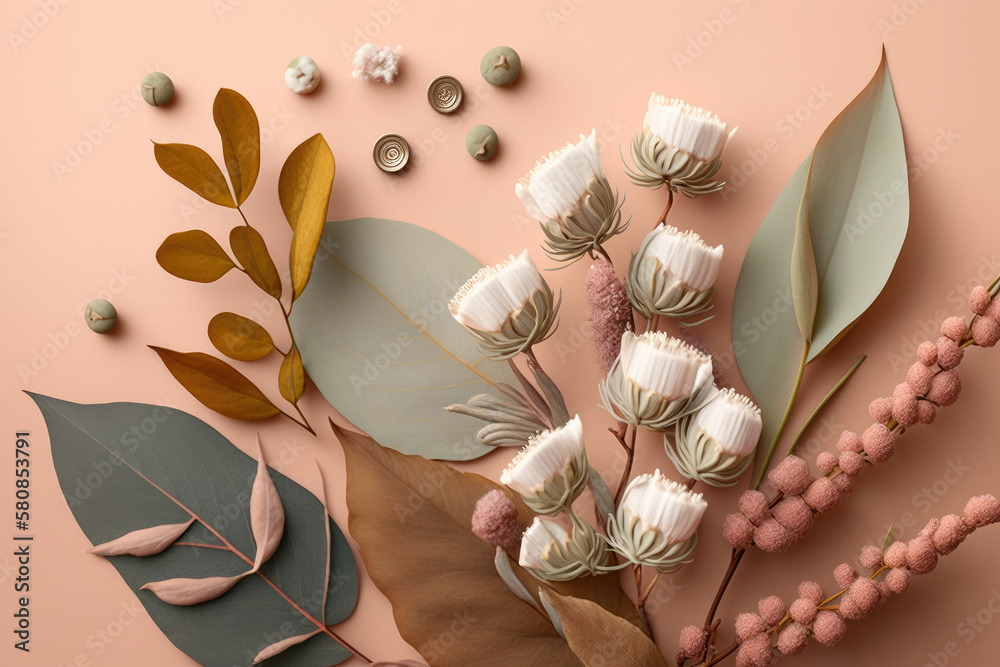 Composition of flowers. Eucalyptus leaves and cotton flower. Illustration AI Generative