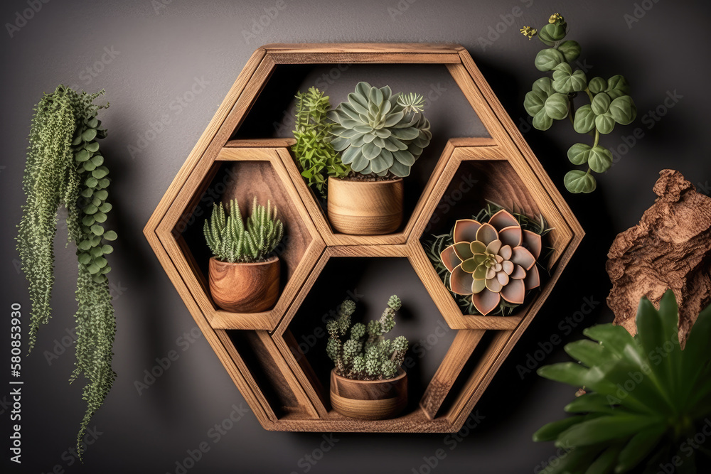 wooden Hexagon shelf with plants copy space for mockup. Illustration AI Generative