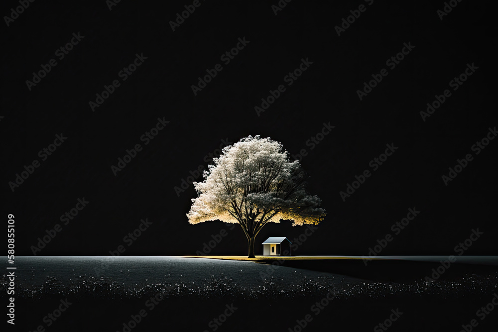 tranquil landscape with lighting pillar and nature. Illustration AI Generative