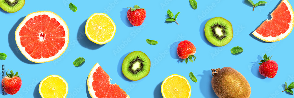 Collection of mixed fruits overhead view flat lay