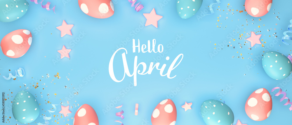 Hello April message with Easter eggs with spring holiday pastel colors