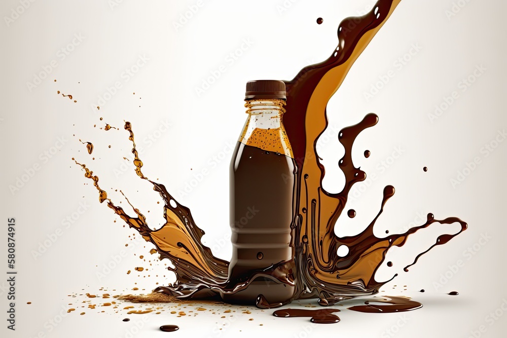 A plastic bottle of coffee spilled on a white background. Generative AI