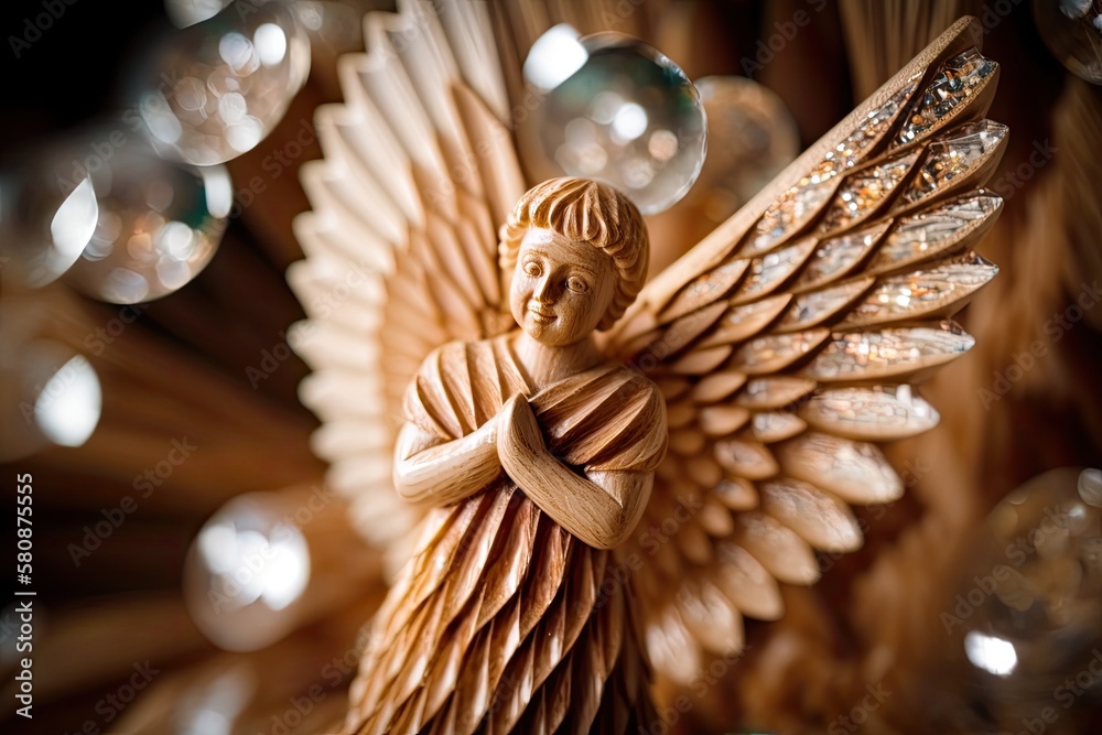 A little crystal angel captured in macro on a Christmas tree constructed of tree trunks. Generative 