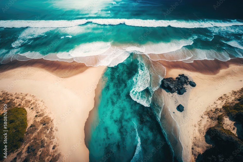 a view from above of the beach. Stunning natural seascape during the summer. Generative AI