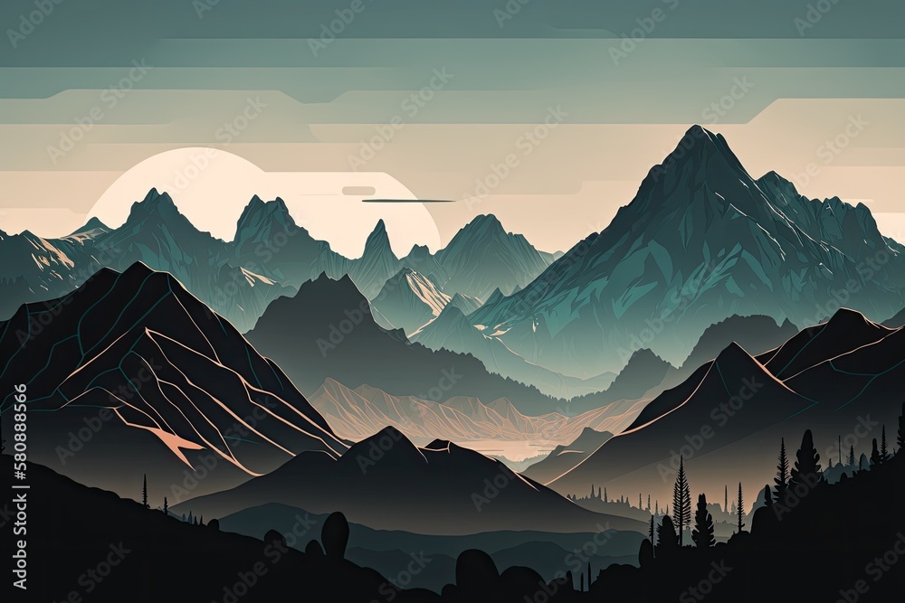 Mountain range in the distance. Generative AI