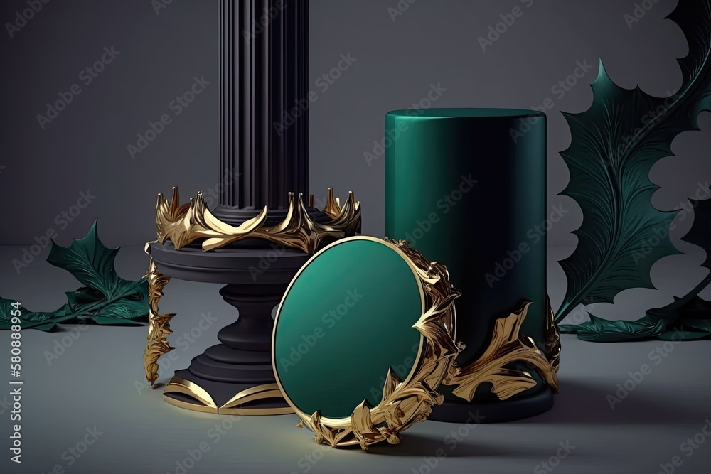 Round pedestals, a green cylinder, and gold decorations are an example. Sculptural arrangement for i