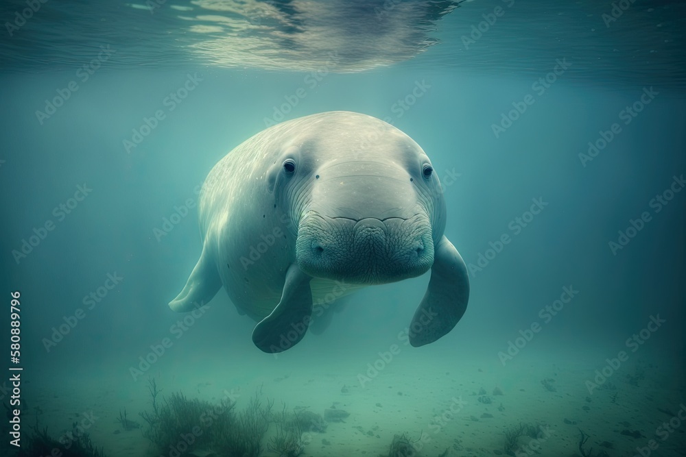 Near the oceans surface, a calm dugong. cute marine creature unusual sea mammal (Dugong dugon). Gen