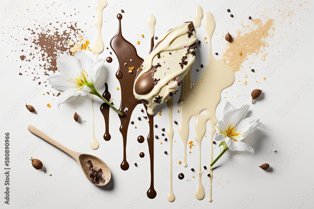 White background with dried vanilla sticks and flowers in milk splatters. Generative AI