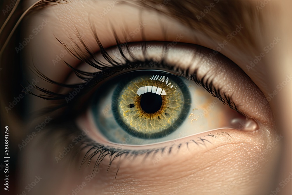 An attractive young womans eye in close up. Generative AI