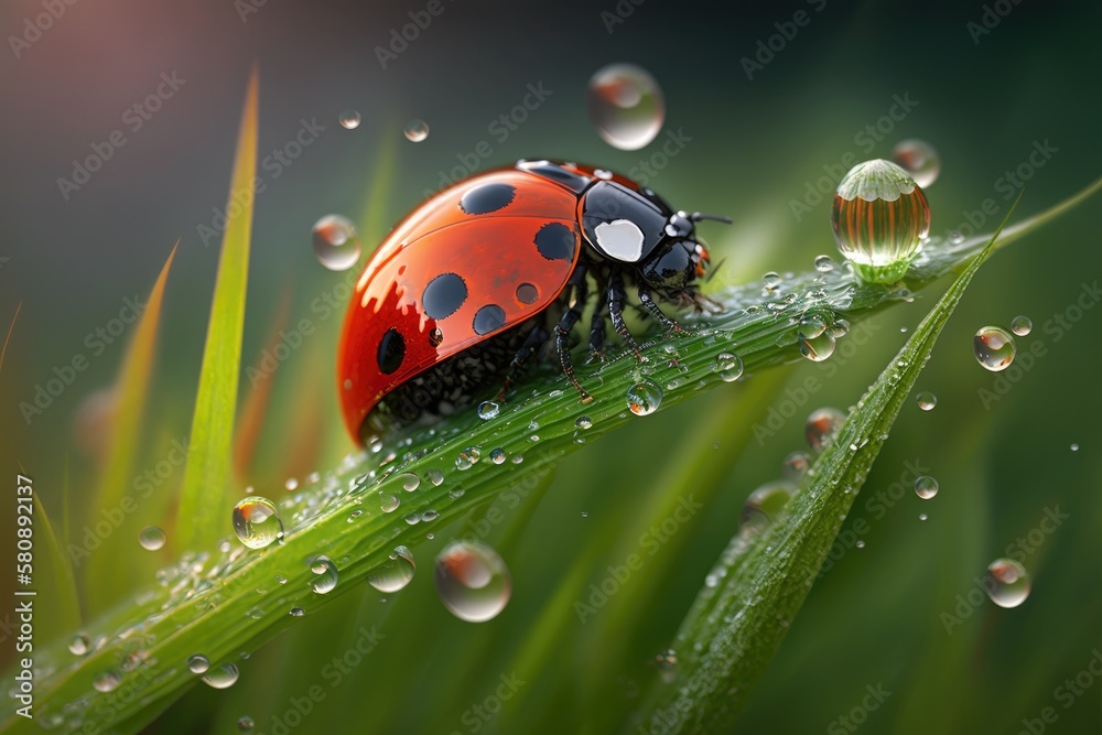 An image of a ladybug in summer spring on fresh, luscious young grass with morning dew drops is avai