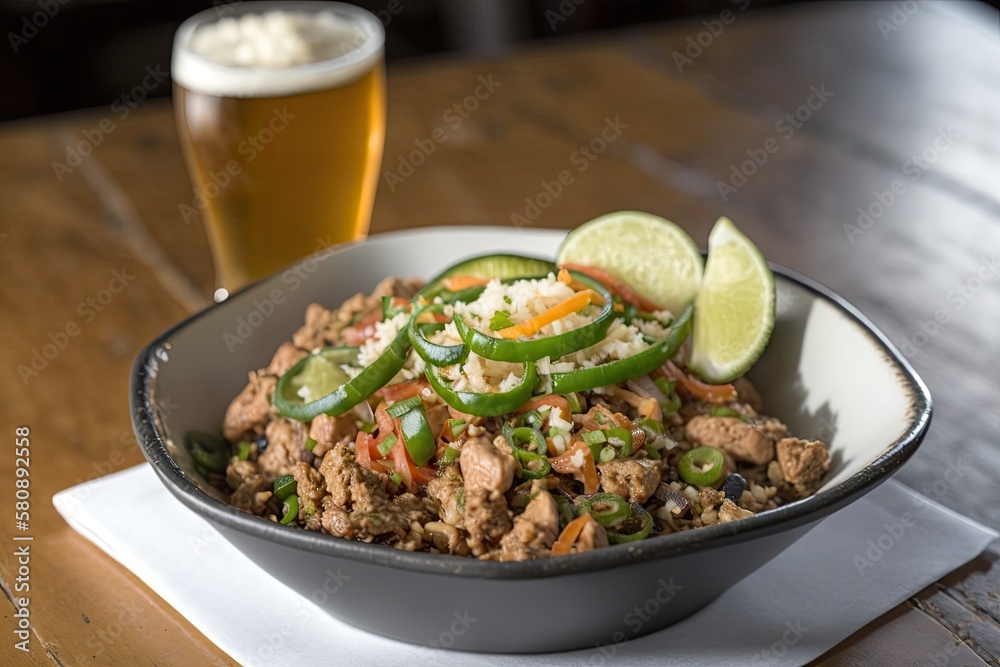 Filipinos love spicy, sizzling pig sisig, which pairs nicely with a cold beer. Generative AI