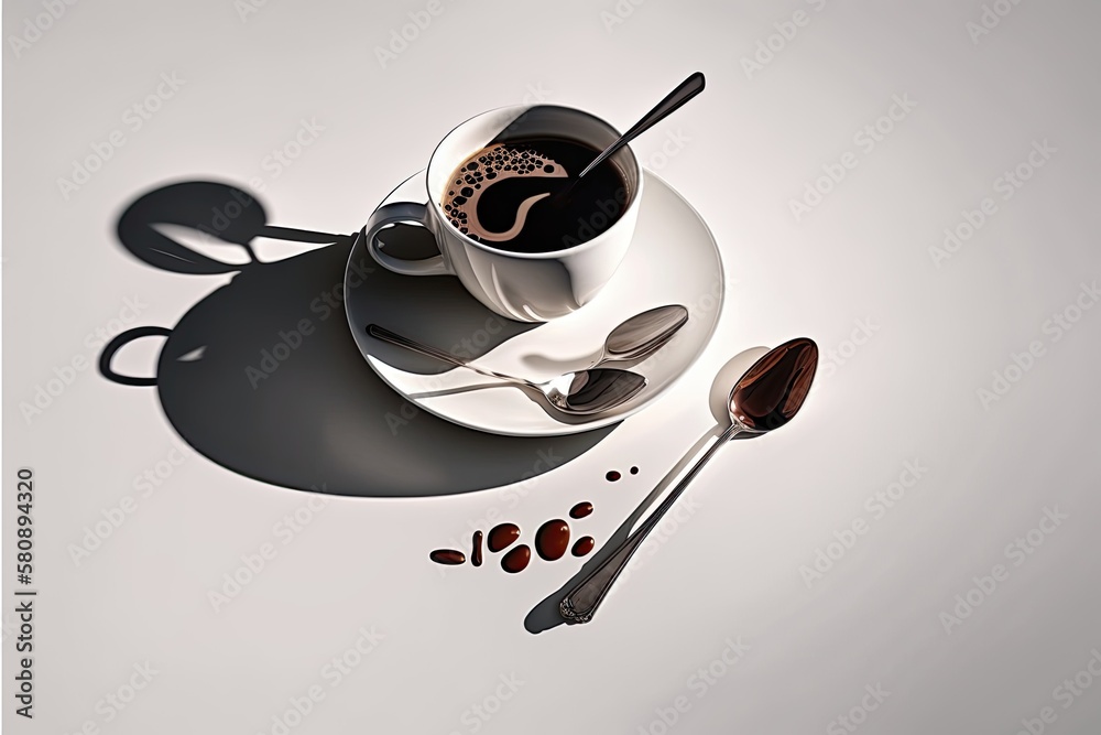 shadowed white background with a floating cup of coffee, saucer, and spoon. Generative AI