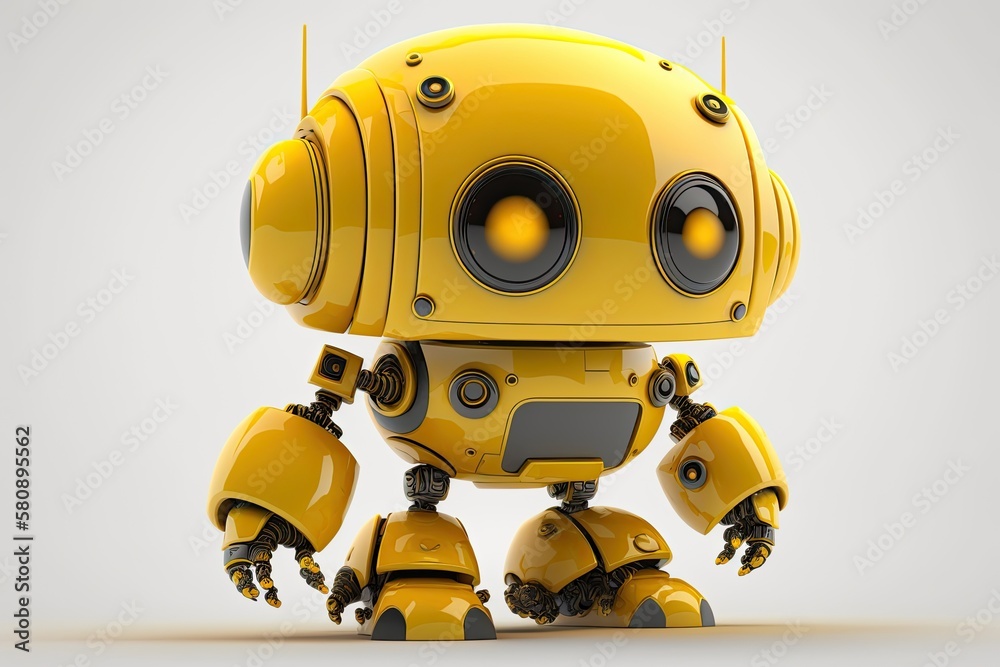 Cute, yellow, made robot on a white background. Generative AI