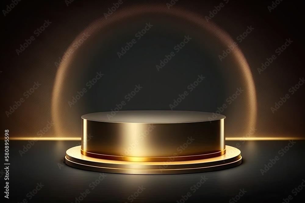 Stage or blank podium pedestal on elegant presentation show backdrops with glow light, luxury gold p