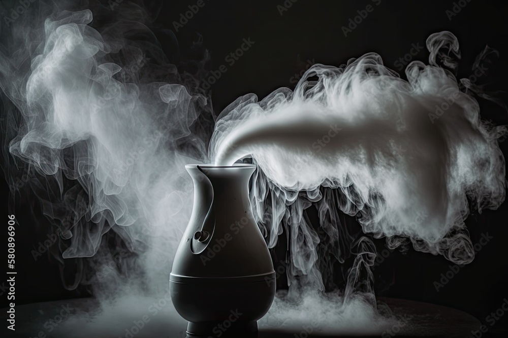 White water vapor in close up with humidifier spray in the background. On a single, dark background.