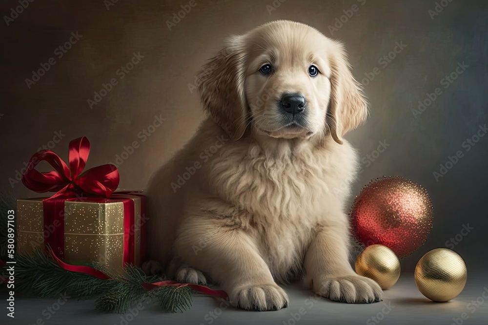 Golden retriever puppy with Christmas and New Years gift on a beige backdrop, with golden red balls