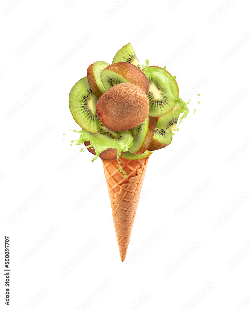 Kiwi mix in a waffle cone on a white background