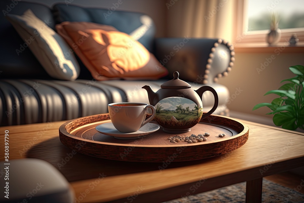 cup of tea on wooden tray on a round table with sofa in living room at home. Generative AI