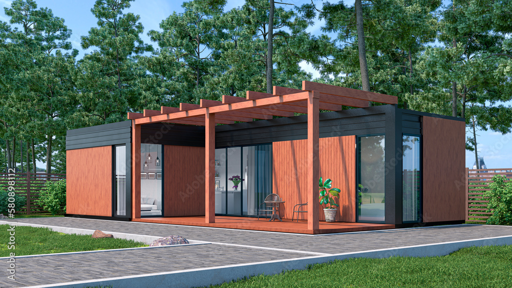 Exterior of modular luxury house. 3d illustration