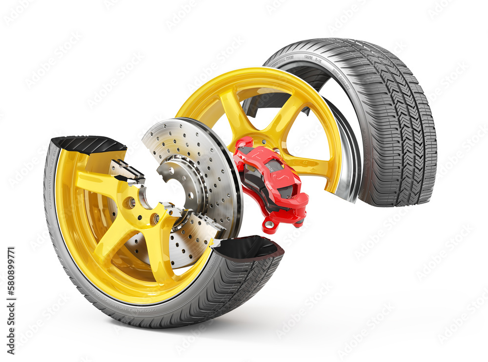 Wheel structure. Car wheel with brake isolated on a white background. 3d illustration