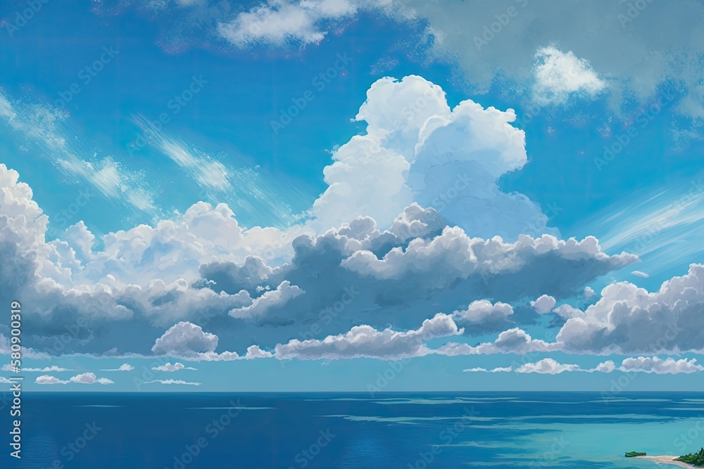 a cloudy blue sky and a blue sea. Generative AI