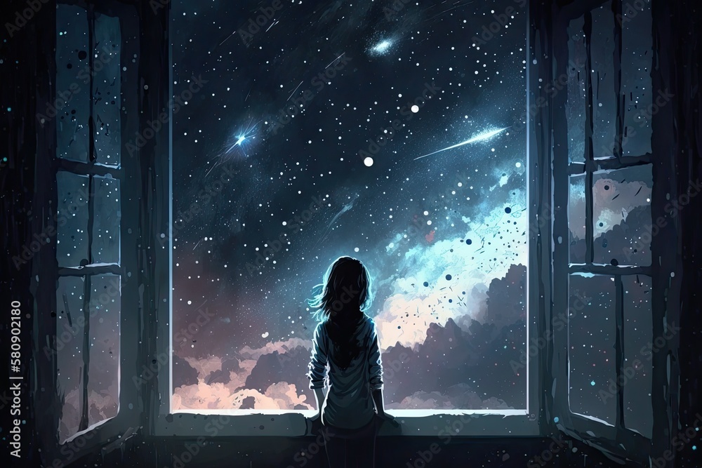 Girl watching the space. Stars are digital illustration. Generative AI