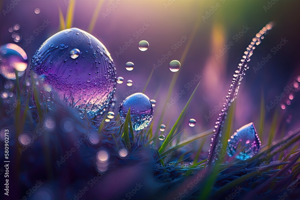 Beautiful, huge morning dew drops in springtime scenery, focused. drops of clear water macro on gras