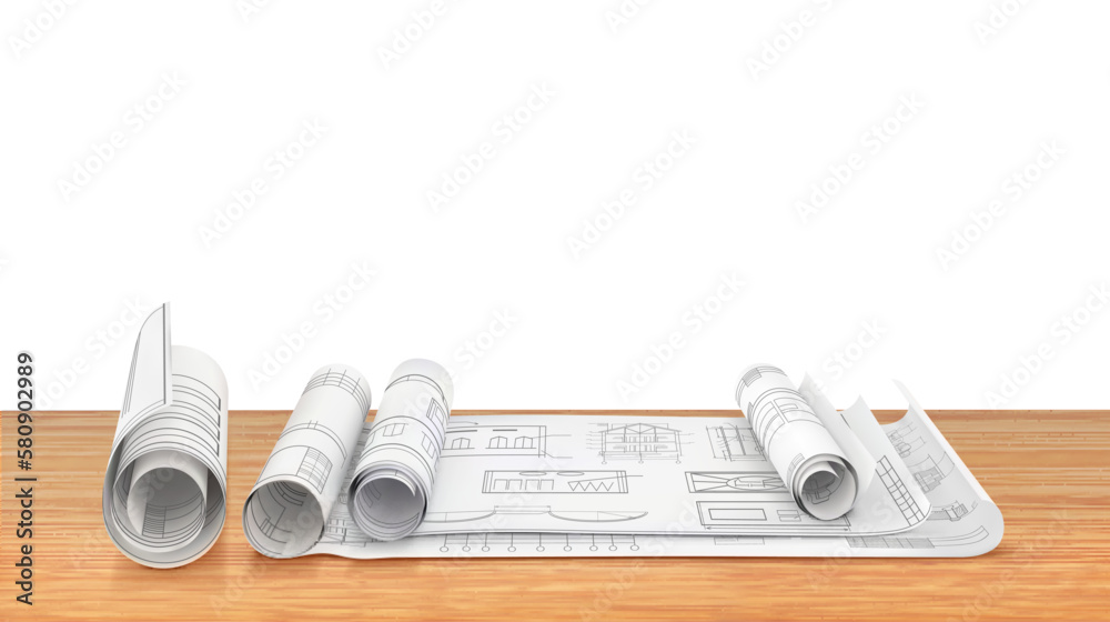 Scrolls with blueprints and unfolded drawings on a wooden surface. Vector illustration