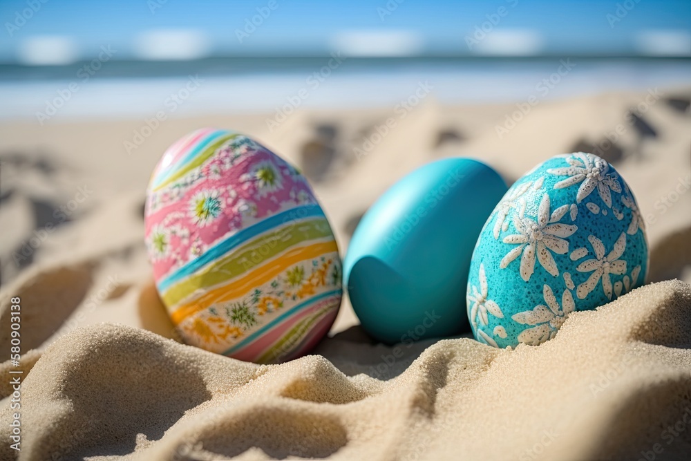 Easter themed eggs on a sandy beach close to the ocean. Generative AI