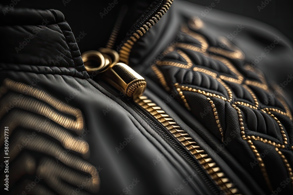 Macro shot of a black jackets material up close and a gold zipper against a blurry background. Gene