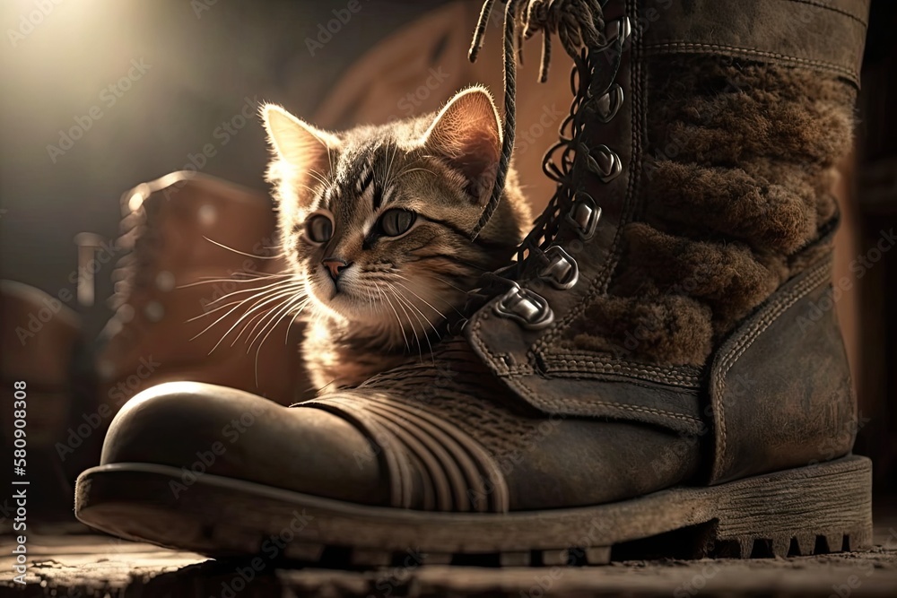 Up close Cute tabby kitty with sunlight in a boot. Generative AI