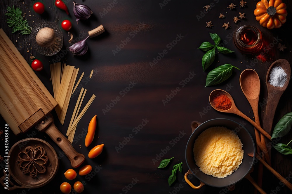 The background of cooking. On a black wooden background. Top view. Free space for your text. Generat