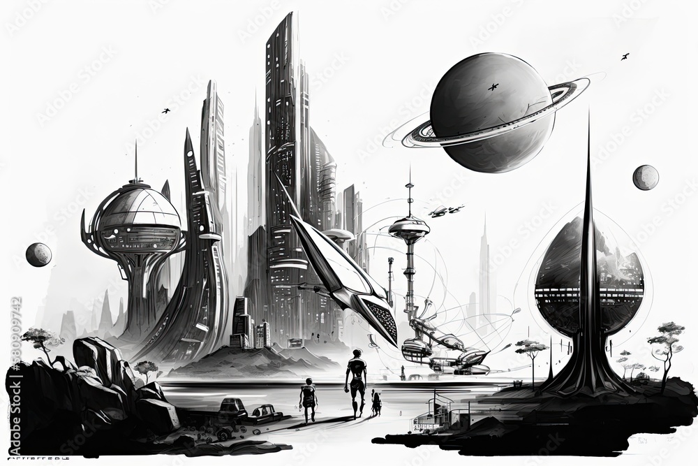 sketched depiction of a futuristic city with skyscrapers and a spacecraft. Generative AI