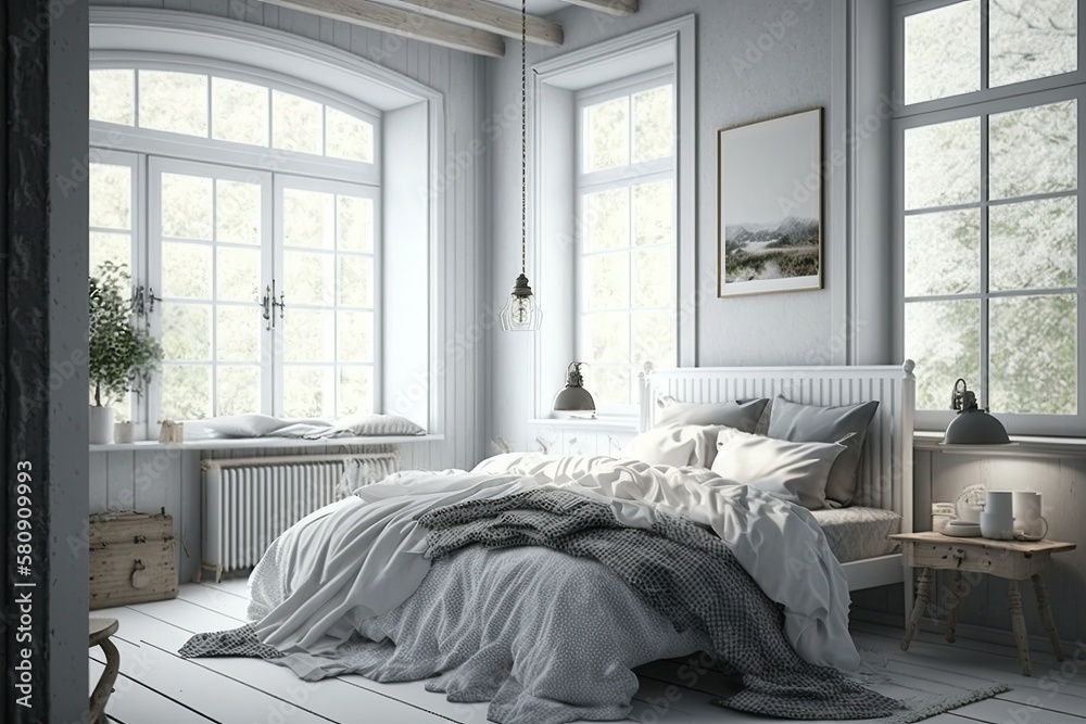 Interior of white and gray cozy bedroom. Generative AI