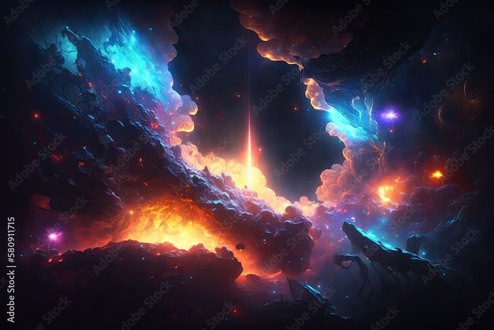 High resolution (13k) neon nebula background for video games and sci fi content. Generative AI