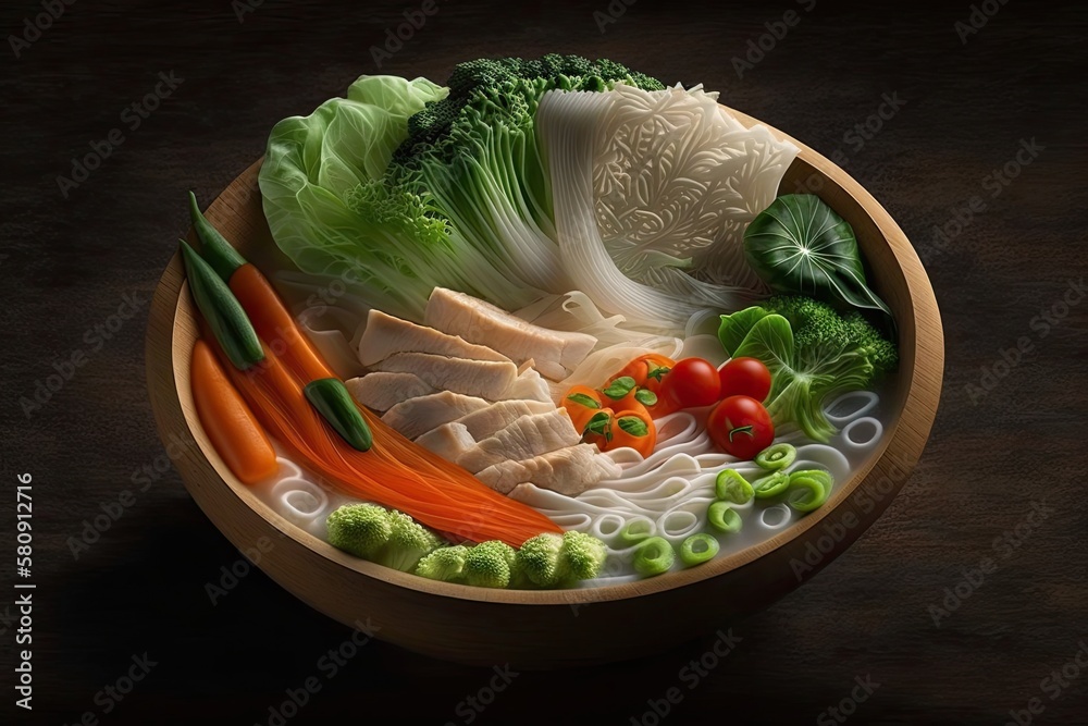 Chinese combine rice noodles and vegetables. Generative AI