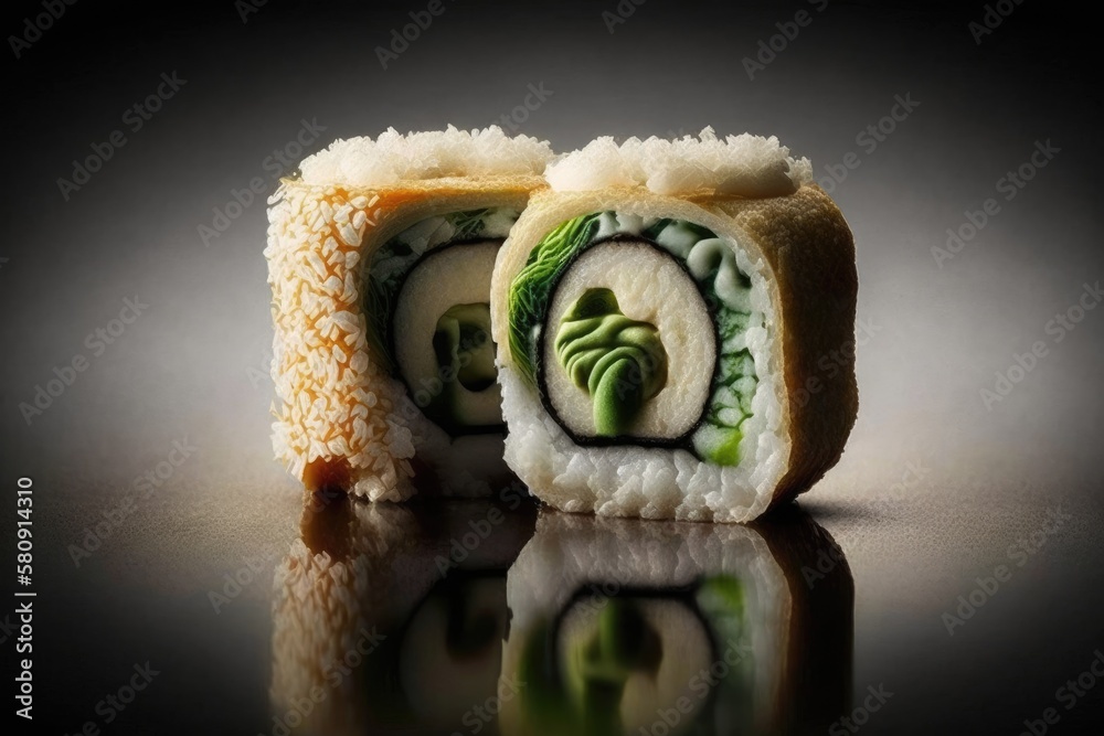 Cream cheese and cucumber are inside a sushi roll. Generative AI