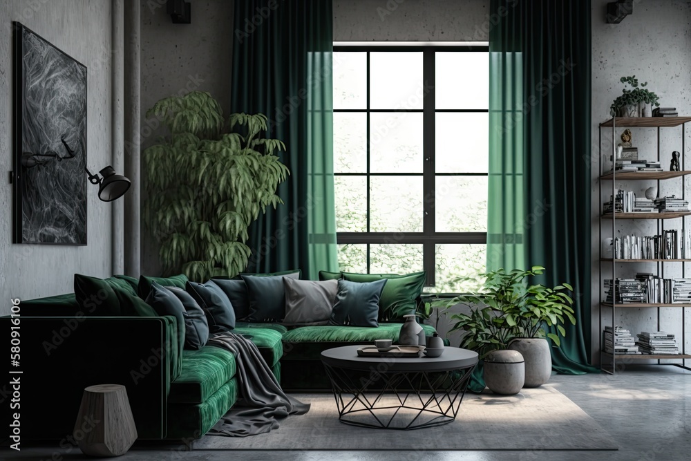 Industrial and loft living room interior with concrete wall, gray sofa, modern armchair, simple blac