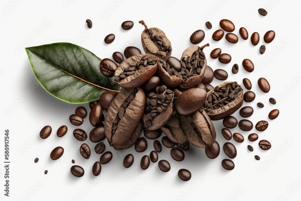 numerous coffee beans in a bunch on a white background. Generative AI