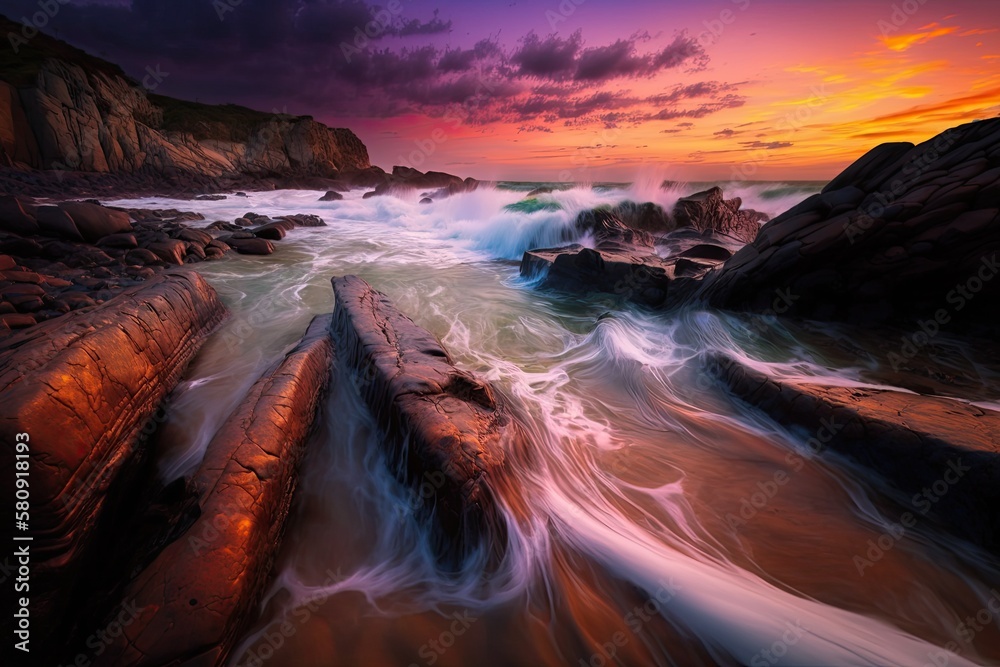 Whitewater seas wash around the rocks as the summertime sunrise skies in North Avoca, Central Coast,