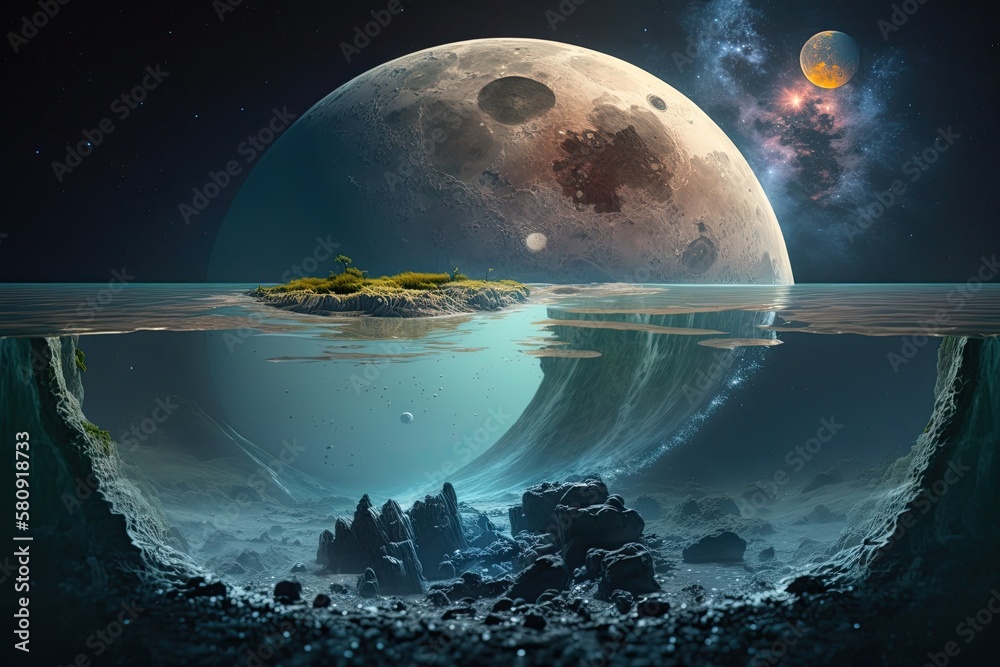 Moon, a planet in water. art of science fiction. planetary system. This images components were prov