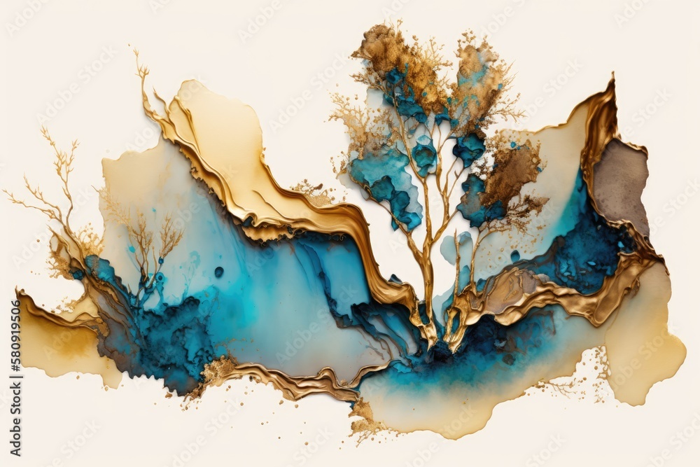 Beige backdrop, lovely alcohol ink and golden paint smudges and stains, abstract brown art with blue