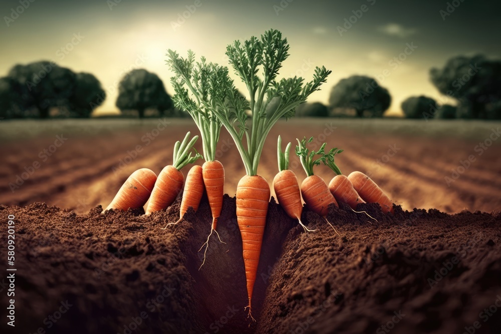 Ripe carrots growing on field. Organic farming. Generative AI